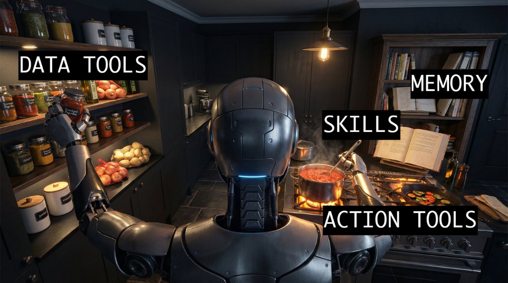 Context Kitchen diagram showing robot chef cooking with ingredients and recipes
